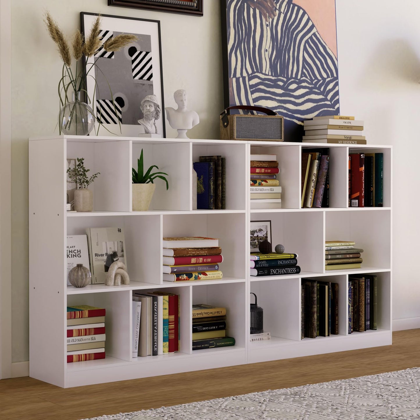 NewBeth 8-Cube Wooden Bookcase,3-Tier Freestanding Storage Cubes with Base,Multi-Purpose Open Shelving for Books,Toys,Bins,Decor – Home Office,Bedroom,Living Room Organizer (White, 8-Cube)