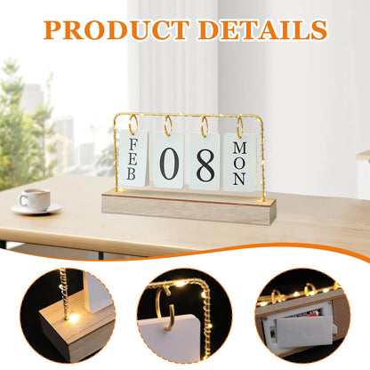 AUSTUFF Flip Wooden Perpetual Calendar Metal Desk Calendar 2025 Daily Desktop Calendar Monthly Weekly Year Planner Standing Office Home Desk Decor