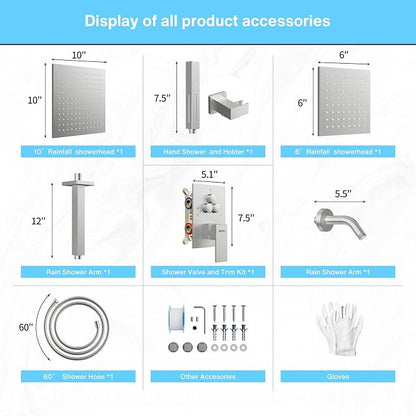 VANFOXLE Shower Faucet Set Brushed Nickel Shower System, Push Button Diverter Shower Faucet with Trim Kit, Ceiling Mount 10 Inch Shower Head Increased Thick, 6 Inch Side Shower Head, 2-in-1 Handheld