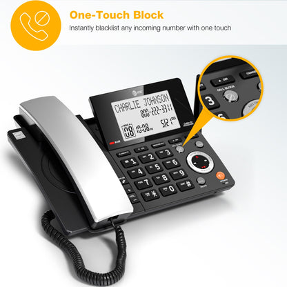 AT&T CL84218 DECT 6.0 Corded/Cordless Phone System with Smart Call Blocker, Answering Machine & 2 Handsets Long Range, Big Buttons for Seniors, Charcoal Black