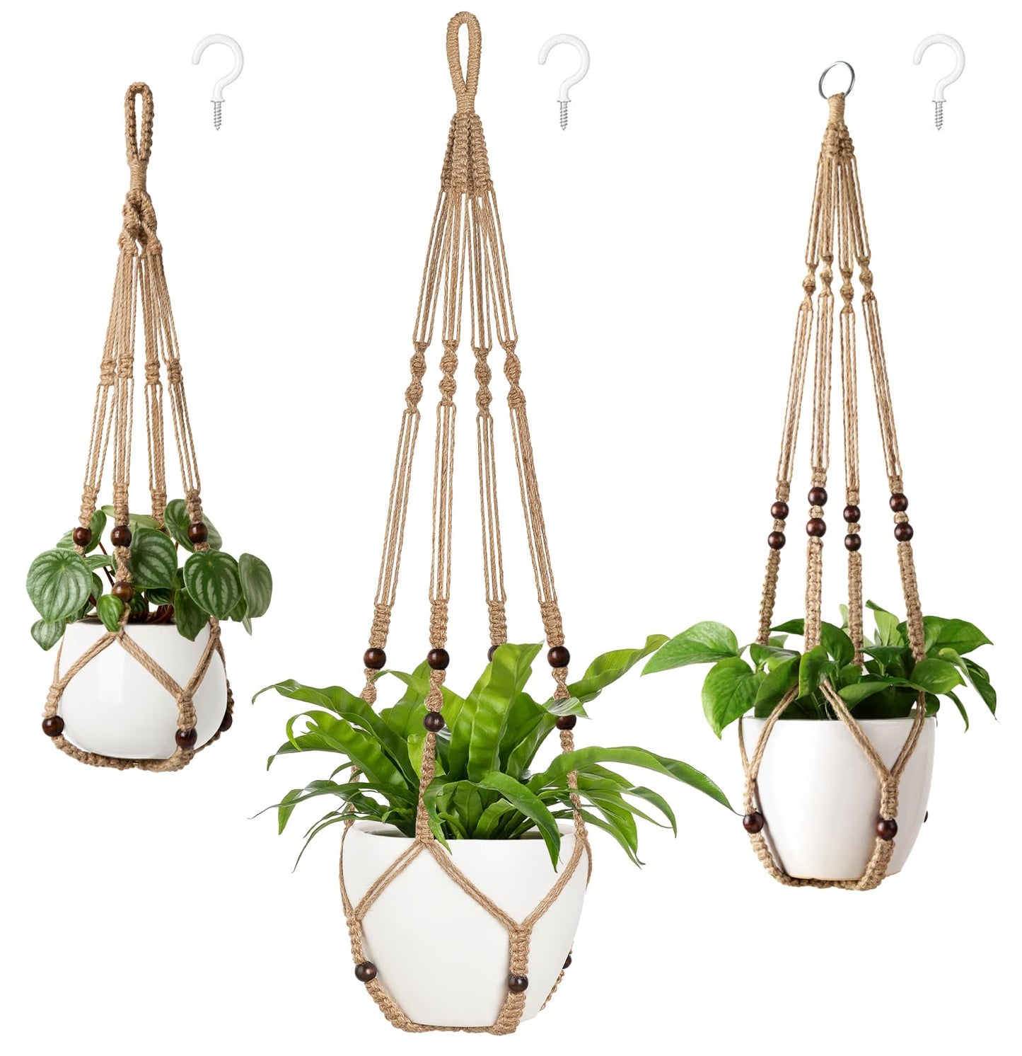 Mkono 3 Pack Macrame Plant Hangers Indoor Different Size Hanging Planter Basket Flower Pot Holder with Beads No Tasselss 43"/35"/29", Large, Brown