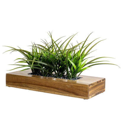 MyGift Large Artificial Green Grass Plants Potted in 14 Inch Premium Acacia Solid Wood Rectangular Planter Box, Decorative Tabletop Faux Greenery Centerpiece Décor