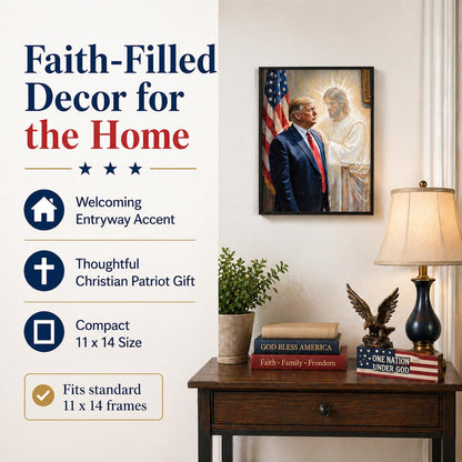 The Grace of God: Jesus & Trump Inspirational Painting 11x14 Unframed Poster - Religious Art Faith Leadership MAGA American Flag Patriotic Artwork for Home Office, Living Room, Conservative Christians