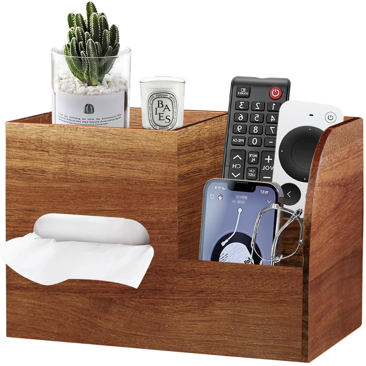 BIBELUN Wood Tissue Box Cover Square with Tray and Remote Holder, Multifunctional Tissues Cube Box Organizer/Shelf/Rack, Napkin Storage Box for Bathroom, Vanity, Nightstand, Office, Home Decor