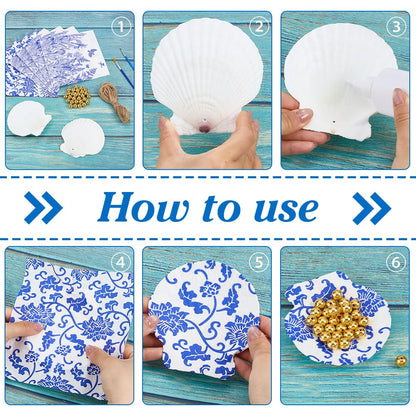 PH PandaHall 12 Set Scallop Shells Decoupage Kit, White Natural Large Shells with 24pcs Decoupage Paper 10m Cord 2pcs Paint Brush 30pcs Gold Bead Seashell Painting Kit for DIY Crafts Tray Decor Making
