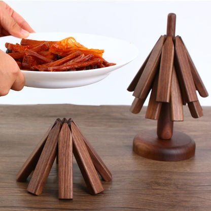 Wooden Tree Trivets for Hot Dishes, Tree Coasters Set for Hot Pot, Bowl, Teapot – 3 Wood Trivets + 1 Stand (Black Walnut, Color Box)