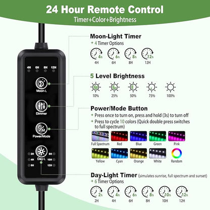 hygger LED Aquarium Light with Timer, 25W Full Spectrum Fish Tank Plant Growth Lamp, 24 H Remote Control, Adjustable Brightness & 10 Colors, Extendable Bracket, Power-Off Memory, Fits 24-30 Inch Tank