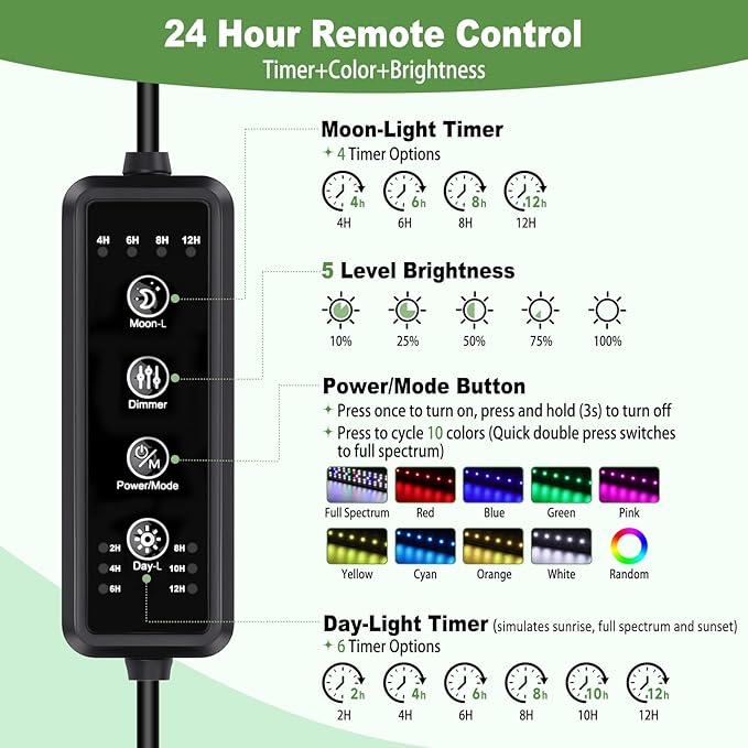 hygger LED Aquarium Light with Timer, 30W Full Spectrum Fish Tank Plant Growth Lamp, 24 H Remote Control, Adjustable Brightness & 10 Colors, Extendable Bracket, Power-Off Memory, Fits 30-36 Inch Tank