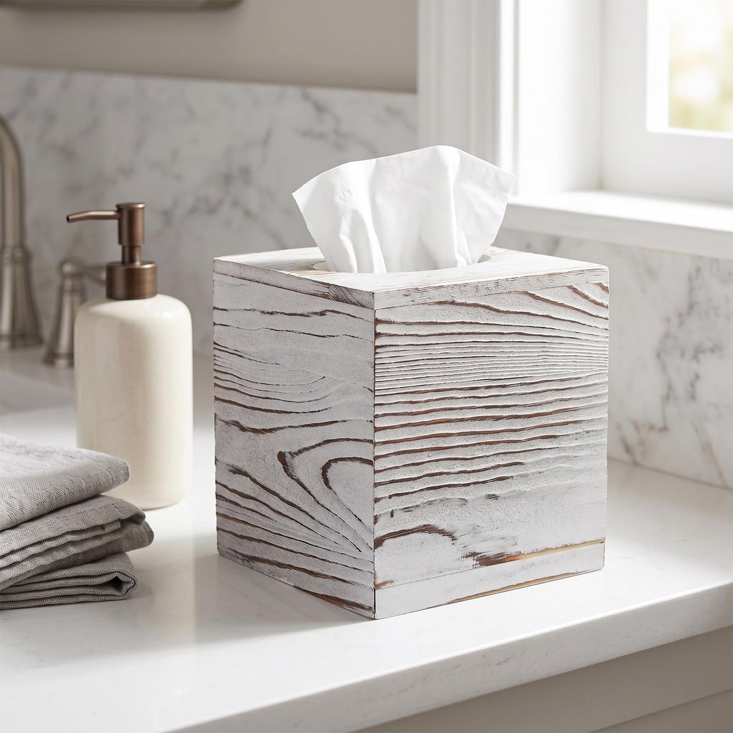 SENJEOK 2 Pack Wooden Tissue Box Cover Square, 5.5 x 5.5 x 6.1 Inch White Tissue Box Holder for Home Office Bathroom