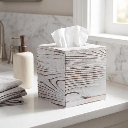 SENJEOK 2 Pack Wooden Tissue Box Cover Square, 5.5 x 5.5 x 6.1 Inch White Tissue Box Holder for Home Office Bathroom