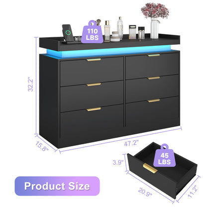 UNIQUITE 6 Drawer Dresser for Bedroom, Black Dresser with LED Lights and Power Outlet, Wooden Dressers Chests of Drawers, Double Wide Dressers for Bedroom, Entryway, Hallway