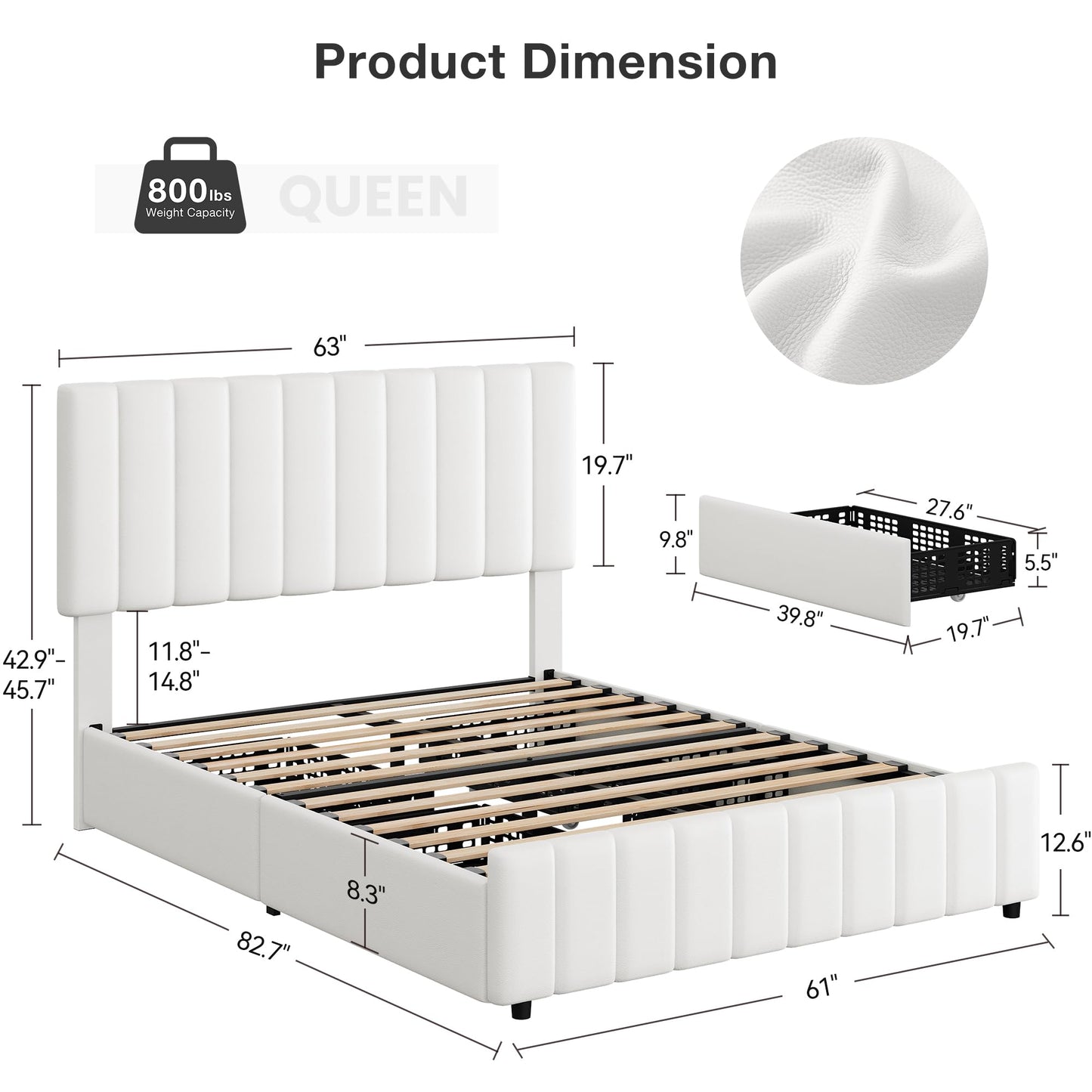 Queen Size Bed Frame with Upholstered Headboard, Queen Platform Bed with 4 Storage Drawers, Wooden Slats Support & Adjustable Headboard, No Box Spring Needed, Noise Free, Easy to Assemble, White