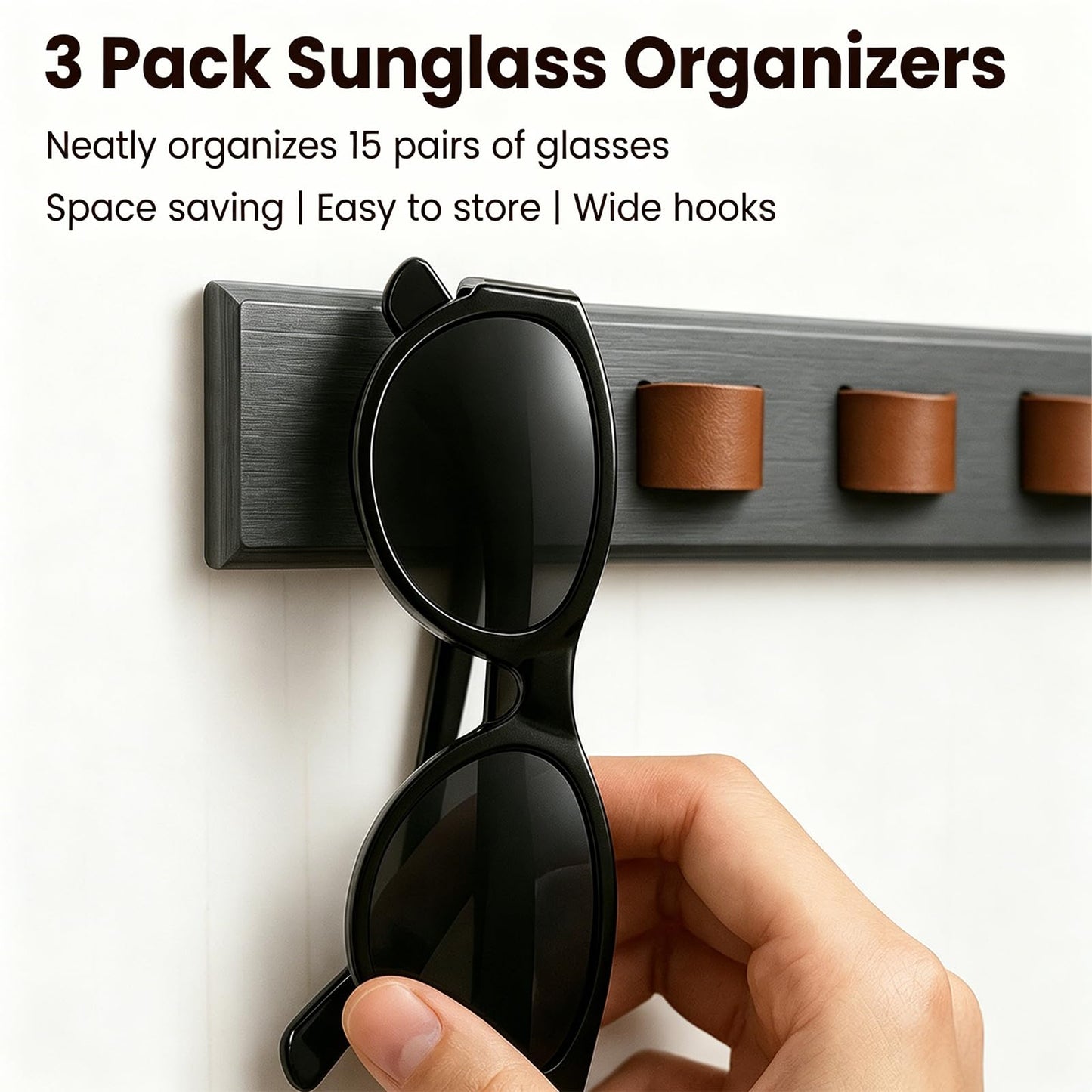 Udduwic 3 Pack Sunglasses Organizer, Wall Mounted Sunglass Rack, Wooden Sunglasses Holder Glasses Organizer for Wall, Home Decor, Dark Grey
