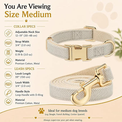 Herringbone Tweed Dog Collar and Leash Set for Medium Dogs, Gray | Snag-free, no-rub design. Soft breathable cotton, gentle on fur. Adjustable durable matching combo for walks & outdoors.