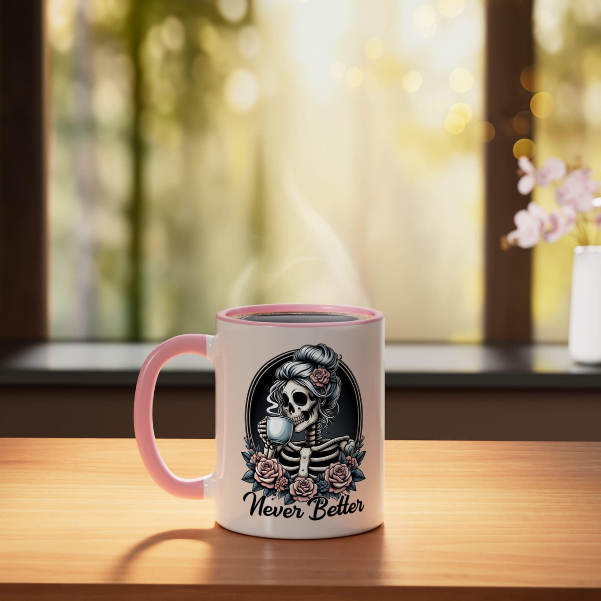 Never Better Messy Bun Skeleton Coffee Lover Halloween Funny Ceramic Mug, Pink/White
