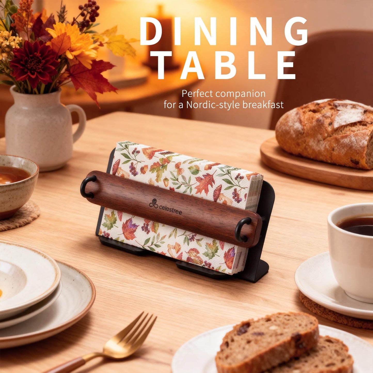 Celestree Napkin Holder for Table - Guest Towel Holder Tray for Bathroom Rectangular Wood and Iron Tray with Weighted Arm, Windproof Organizer for Kitchen Dining Table