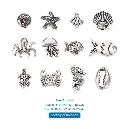 Fashewelry 60pcs Ocean Animal Tibetan Loose Spacer Beads Turtle Shell Fish Antique Silver Sea Life Creatures Alloy Western Beads for Necklace Bracelet Earring Craft Jewelry Making Supplies