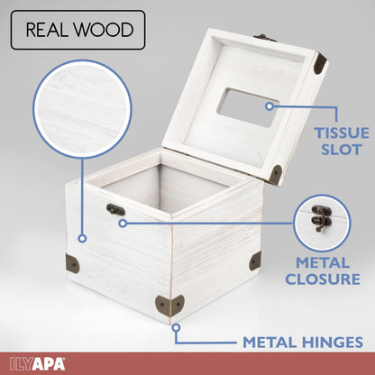 Ilyapa 5 x 6 Rustic Tissue Box Holder - Hinged Lid Tissue Dispenser for Bathroom Living Room Bedroom - White Weathered Wood