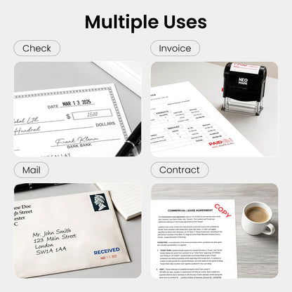 NEO MARK Large Self-Inking Date Office Stamp with Paid Blue Ink & Date Red Ink, 12-Year Adjustable Rubber Dater, Ideal for Documents, Business & Accounting - with an Extra Refill Ink Pad