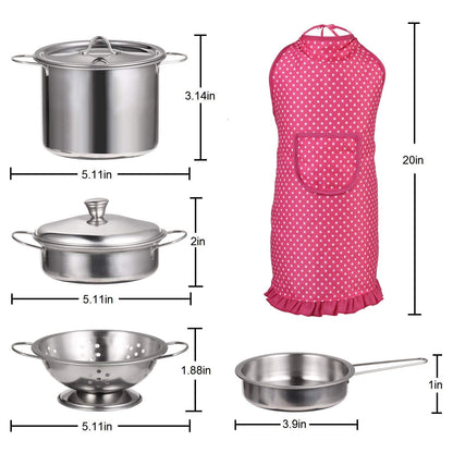 Juboury Kitchen Pretend Play Toys with Stainless Steel Cookware Pots and Pans Set, Cooking Utensils, Apron & Chef Hat, Cutting Vegetables for Kids, Girls, Boys, Toddlers