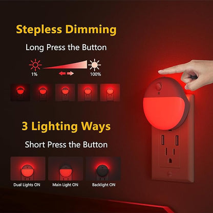 YUNLEX 2 Pack Plug in Red Sleep Night Light with Motion Sensor and Dusk to Dawn Sensor, 3 Modes, Soft Glow, 0% Blue Light True Red, Dimmable, LED Lights for Bedroom, Sleep, Kids, Bathroom, Hallway