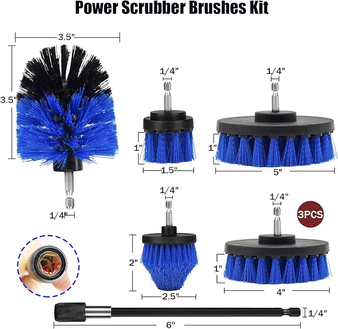 Drill Brush Attachment Set, 7 Pack 1/4in Power Scrubber Brush + Extend Long Rod