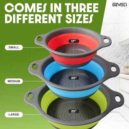 Collapsible Colanders (3 Pack Set) Food Strainers with Over-Sink Water Draining Base for Pasta Fruits and Vegetables, White (3 Sizes, 3QT, 4QT and 5 Quart)