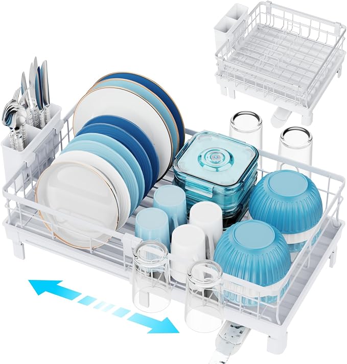 GSlife Expandable Dish Drying Rack - Countertop Drainer, 12-20.5", White | Compact Extendable Design, Swivel Drain Spout, Cup and Utensil Holder, for Small Kitchen, RV, Countertop Dish Drainer Tray