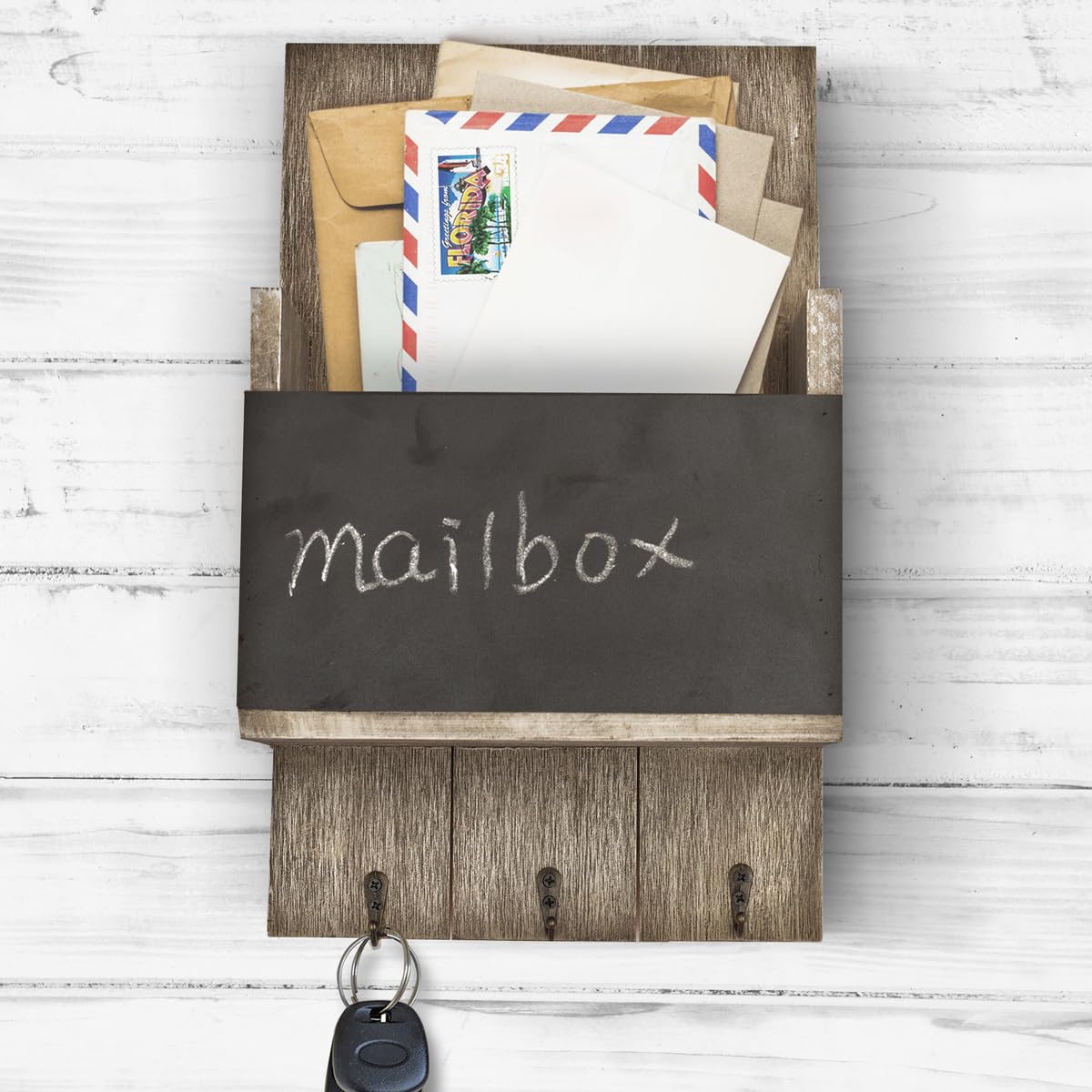 Wallcharmers Rustic Wall Mount Mail Organizer with Chalkboard, Key Hooks, Wood and Metal Construction