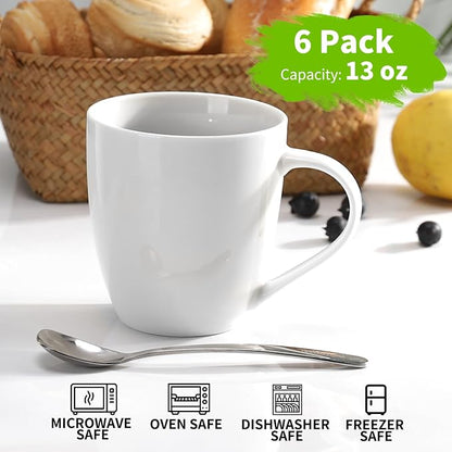 Mfacoy Porcelain Coffee Mugs Set of 6, 13 Ounce Coffee Cups with Handle, Ceramic Tea Mugs for Latte, Hot Tea, Cappuccino, Mocha, Cocoa, Mug Gift Set, Dishwasher and Microwave Safe, White