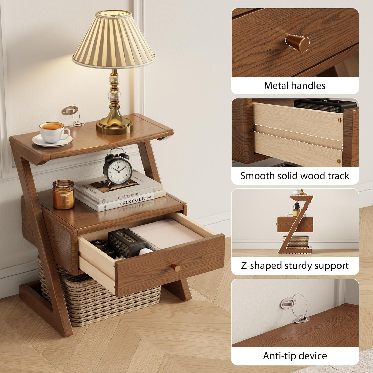 Solid Wood nightstands Set of 2 with Open Shelf and Drawers, Z Wooden Set of 2 nightstands with Open Storage, Bedside Table Set of 2 for Bedroom, Modern Mid Century end Table.