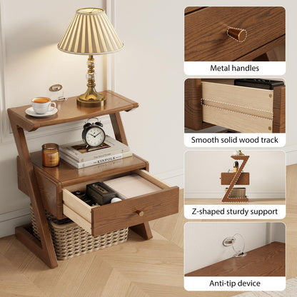 Solid Wood nightstands Set of 2 with Open Shelf and Drawers, Z Wooden Set of 2 nightstands with Open Storage, Bedside Table Set of 2 for Bedroom, Modern Mid Century end Table.