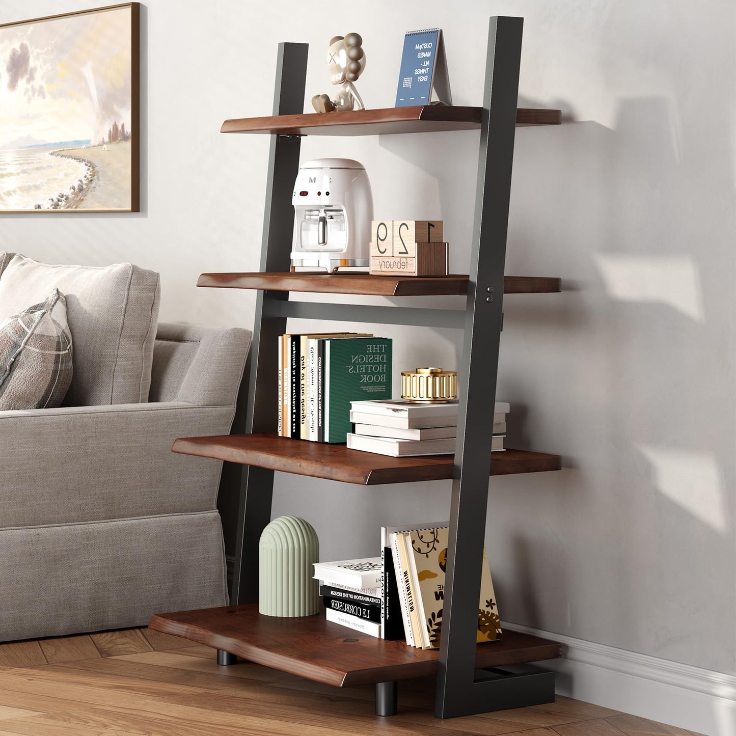 IBF 4-Tier Solid Wood Ladder Bookshelf with Natural Live Edge