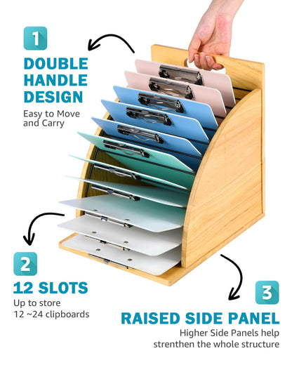 HULISEN 2 Pack Clipboard Holder for Classroom & Office, Wooden Clipboard Storage Organizer with Raised Side Panel & Metal Slots, Wood Clip Board Stand Rack – Clip Board Not Included