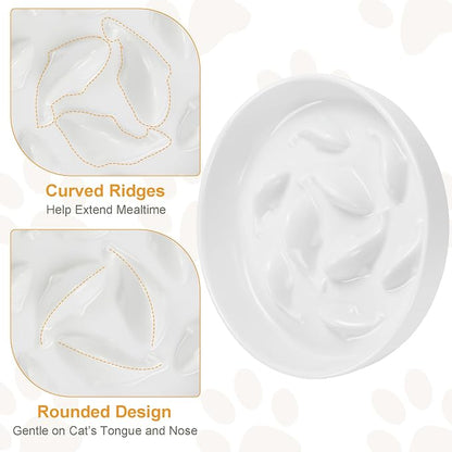 Anti-Bloat Ceramic Slow Feeder Bowl - Fish Pool Design Interactive Puzzle Feeder for Cats & Small Dogs, Food-Safe Porcelain Healthy Eating Dish (White-Ceramic)