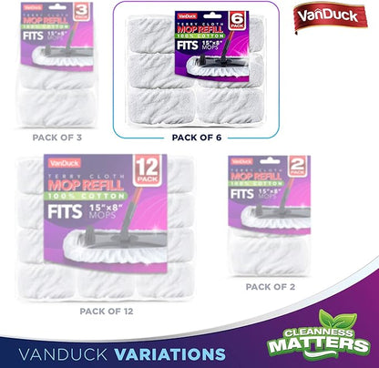 VanDuck 100% Cotton Terry Cloth Mop Pads 15x8 Inch 6-Pack