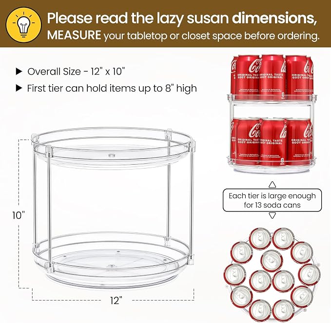 2 Set 2 Tier Non-Skid Acrylic Lazy Susan Organizer - Rotating Spice Rack - Turntable Spinning Organization for Kitchen, Pantry, Countertop, Closet, Bathroom, Vanity, Medicine Cabinet Organizing, 12''