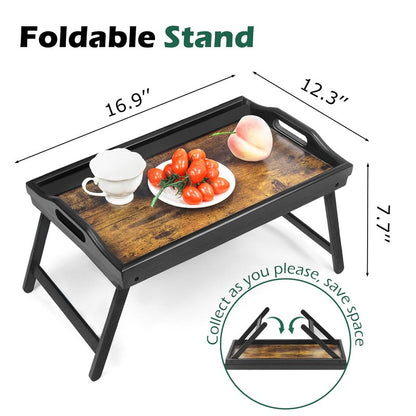 2 Pack Bamboo Bed Tray Table, Folding Legs and Handles, Breakfast Tray, Serving Tray with Groove for Phone Tablet, Laptop Desk for Bed or Sofa, Serving Tray for Eating, Working, Reading, Picnic
