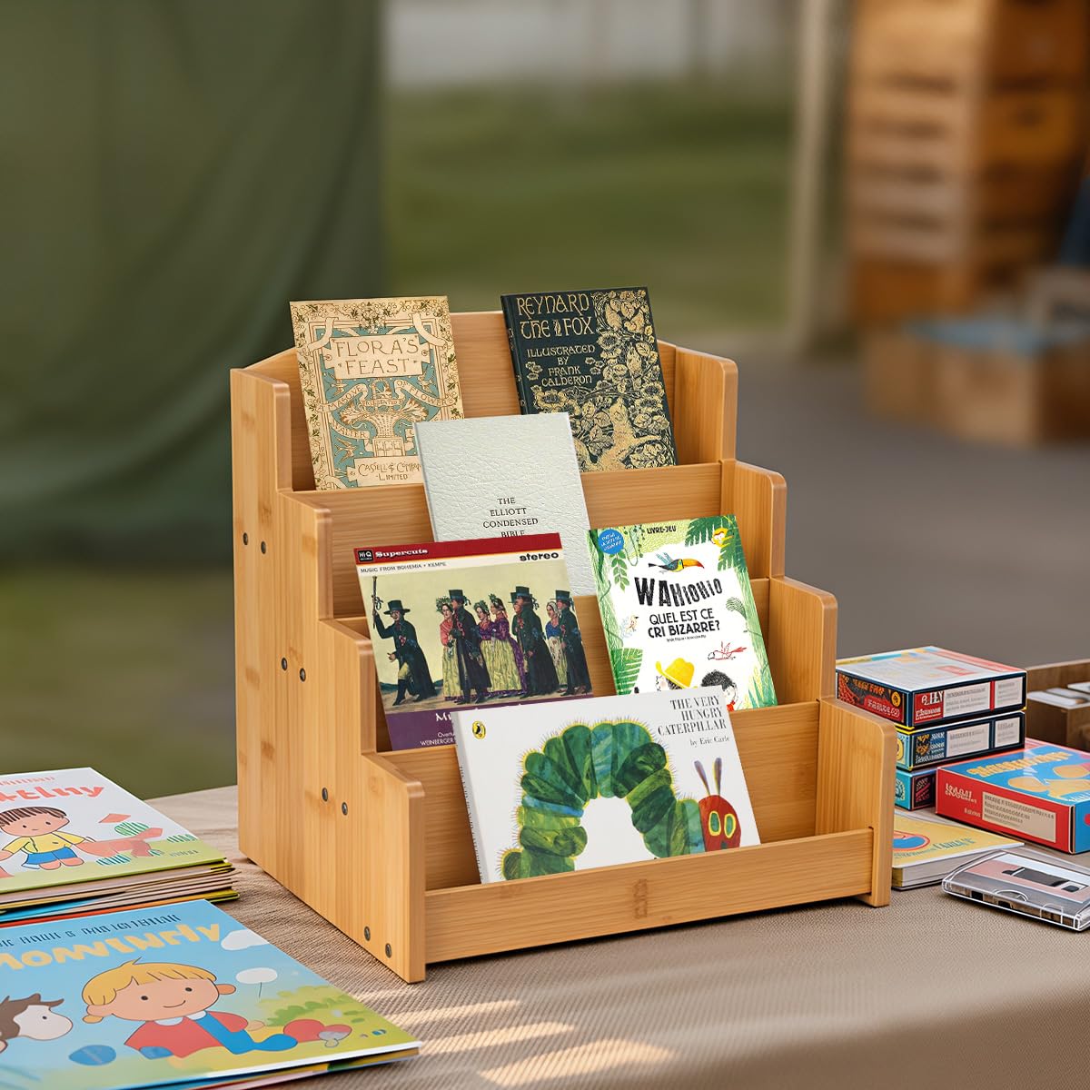 Homevany Bamboo Greeting Card Display Stand Holder - 4-Tier Sticker Organizer Rack, Trading Card Holder Retail Photos Shelf for Vendors Craft Collection & Show.