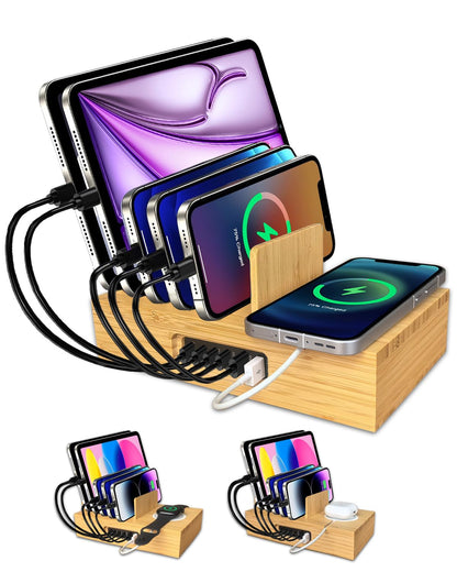 Xunhonom 6 Port USB Charging Station for Multiple Devices PD 100W Bamboo Charging Station Organzier with Detachable 15W 3 in 1 Wireless Charger Station for iPhone Android Apple Watch AirPod Tablet