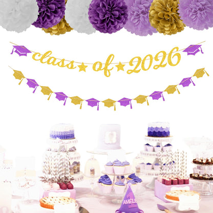 Purple White-Gold Party-Decorations Graduation Banner - 8pcs Kits Class of 2026 Cap Garland Streamers, Paper Tissue Pom Poms Flowers, Congratulations Grad Decor Lasting Surprise