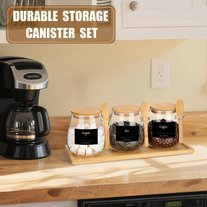 Suclain 3 Pcs Glass Coffee Container with Wooden Lid Spoon Tray Shelf Labels Clear Airtight Glass Jar Storage Container Set for Coffee Beans Tea Leaves Grains Dried Fruits Sugar Spice(28oz)