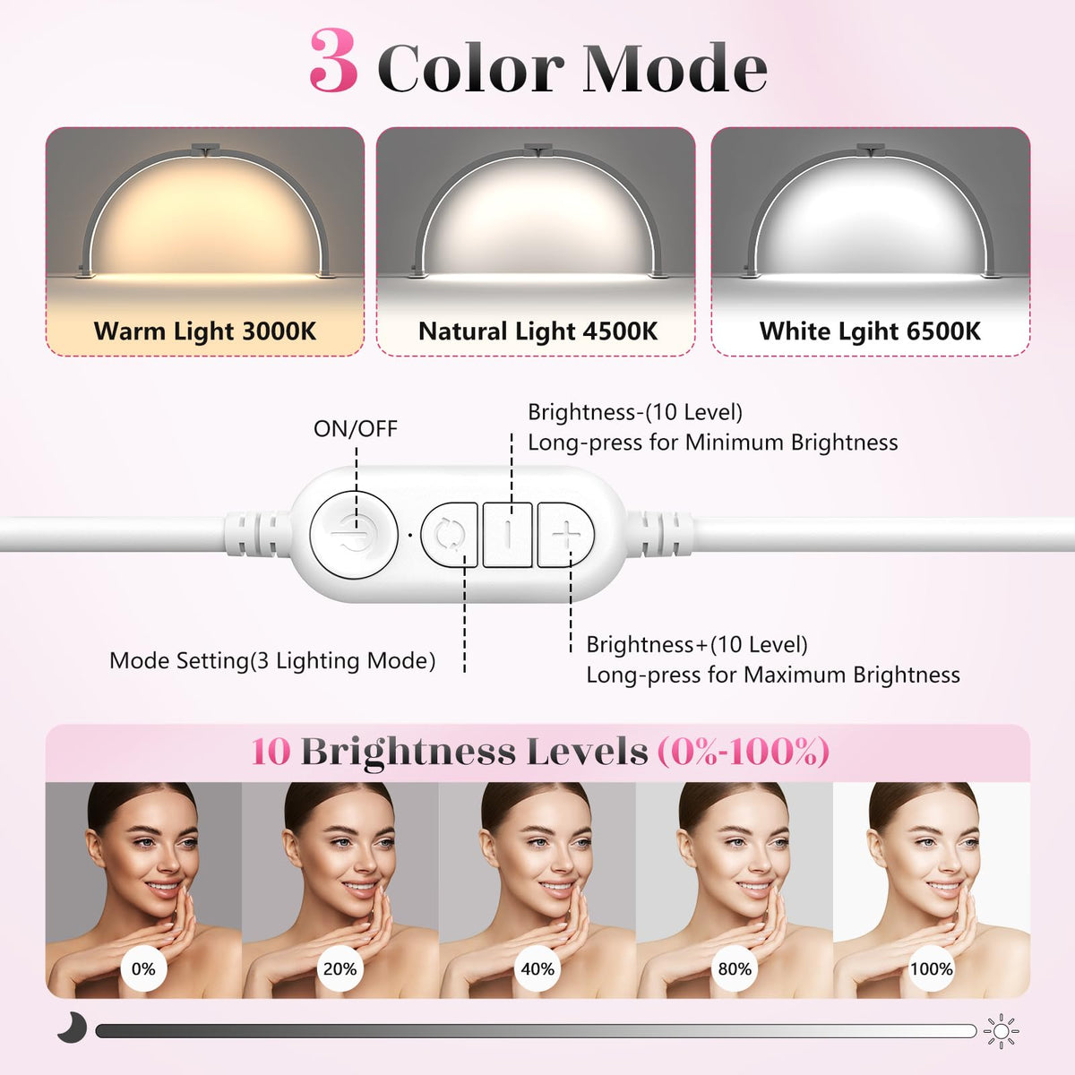 Yokilly Half Moon Desk Lamp with Phone Holder, 29in, Large, Crystal Diamond, 3 Color Modes, 10 Brightness Levels
