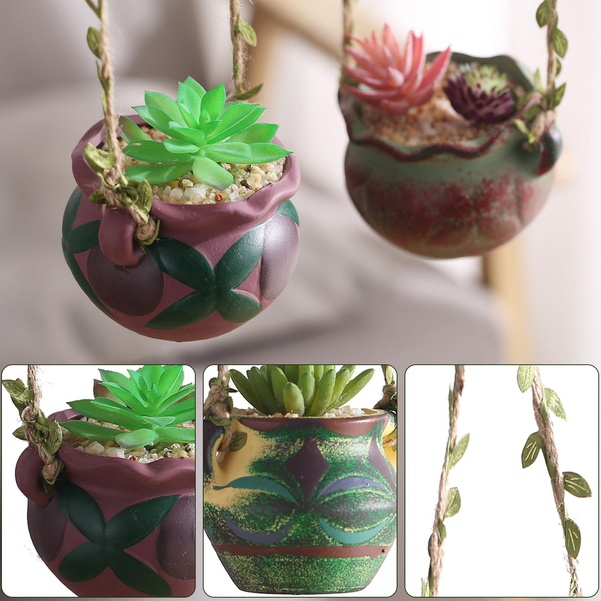 Yuccasly 4 Piece Boho Ceramic Hanging Planters with Drainage Holes – Adorable Indoor Outdoor Succulent Flower Pots, Unique Home Décor, Charming Small Planters for Plants