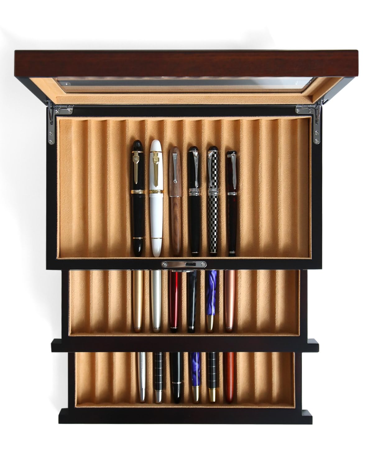 Besforu Wood Pen Display case 36 Slot Fountain Pen Box Storage Organizer with Drawer, Top Glass Window Pen Collection Display Case