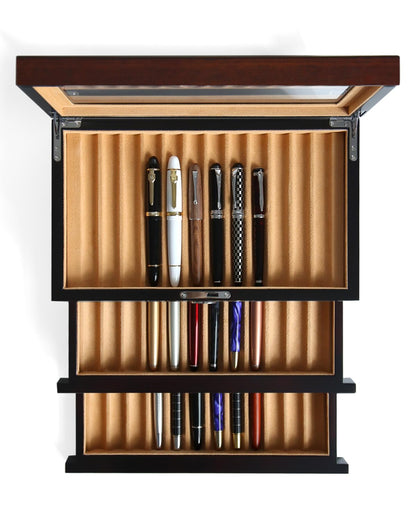 Besforu Wood Pen Display case 36 Slot Fountain Pen Box Storage Organizer with Drawer, Top Glass Window Pen Collection Display Case