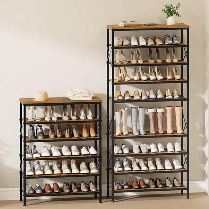YATINEY 10-Tier Tall Shoe Rack and 12-Tier Tall Shoe Rack Organizer, Wooden Shoe Storage for Closet Holds 48 Pairs, Sturdy Shoe Shelf with X-Shaped Metal Support, for Entryway SS210BR-SS212WW