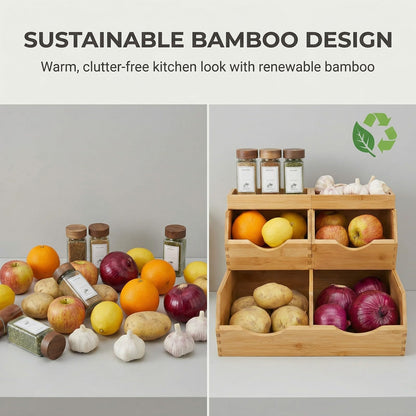 CENCODE Bamboo Pantry Storage Bins Set 5 Pieces - Stackable Baskets, Potato and Onion Storage, Bamboo Wood Storage Bins for Pantry Baskets Organization and Storage, Kitchen Essential