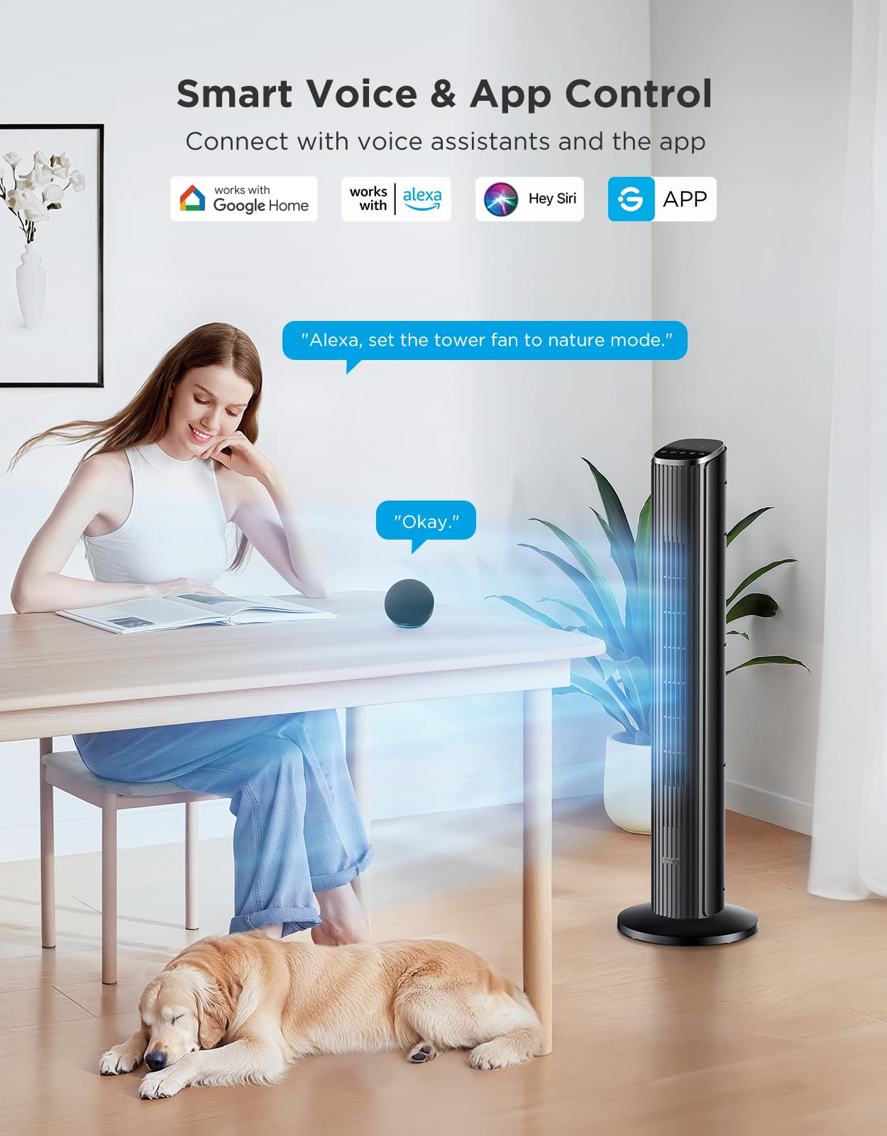 GoveeLife Black Tower Fan for Bedroom, 36" Smart Floor Fan with App/Voice Control, Temperature Sensor, 5 Modes 8 Speeds(25ft/s), 29dB Quiet Oscillating Fan for Office, 24H Timer, Auto Cooling