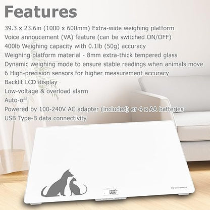 Digital Weighing Scale for Large Dogs Cats, Vet Scale, Scale for Animals Pets, 400lb x 0.1lb, Veterinary Scale, Extra Large 39 x 23 in, for Labrador Golden Retriever German Shepherd, Tempered Glass